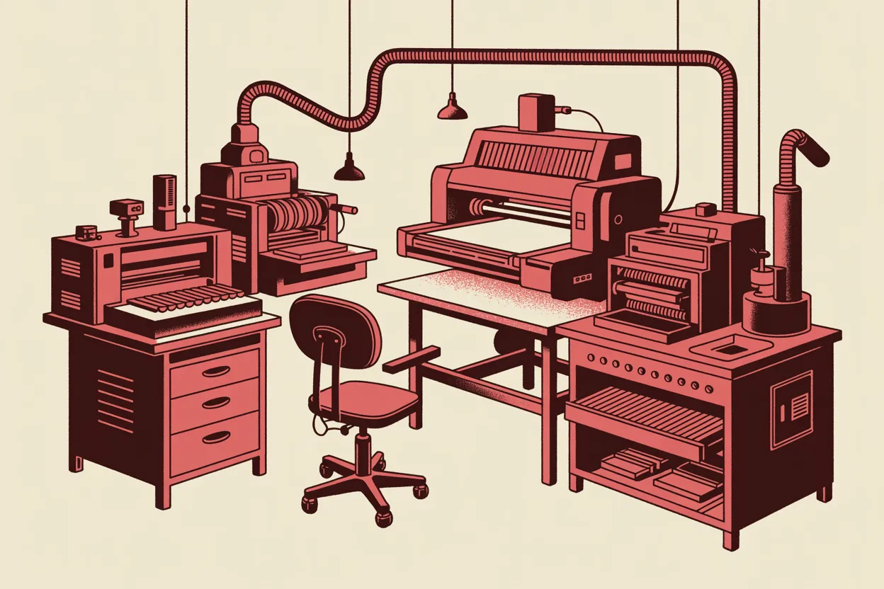 Risograph illustration of one work desk surrounded by many humming machines