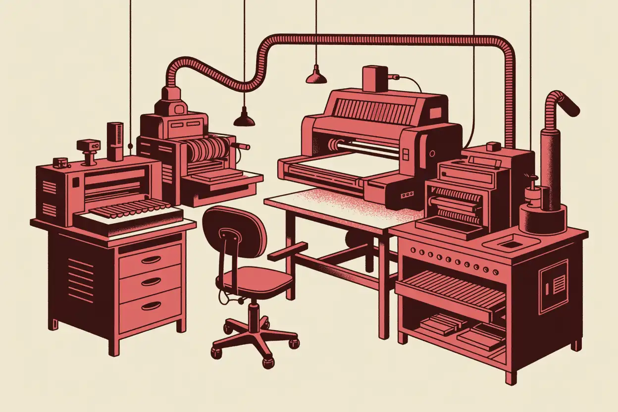 Risograph illustration of one work desk surrounded by many humming machines