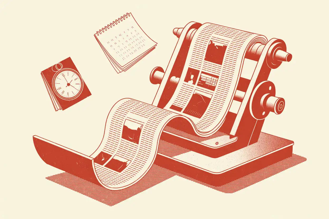 Risograph illustration of a printing press folding a long ribbon of newspaper pages into stacks
