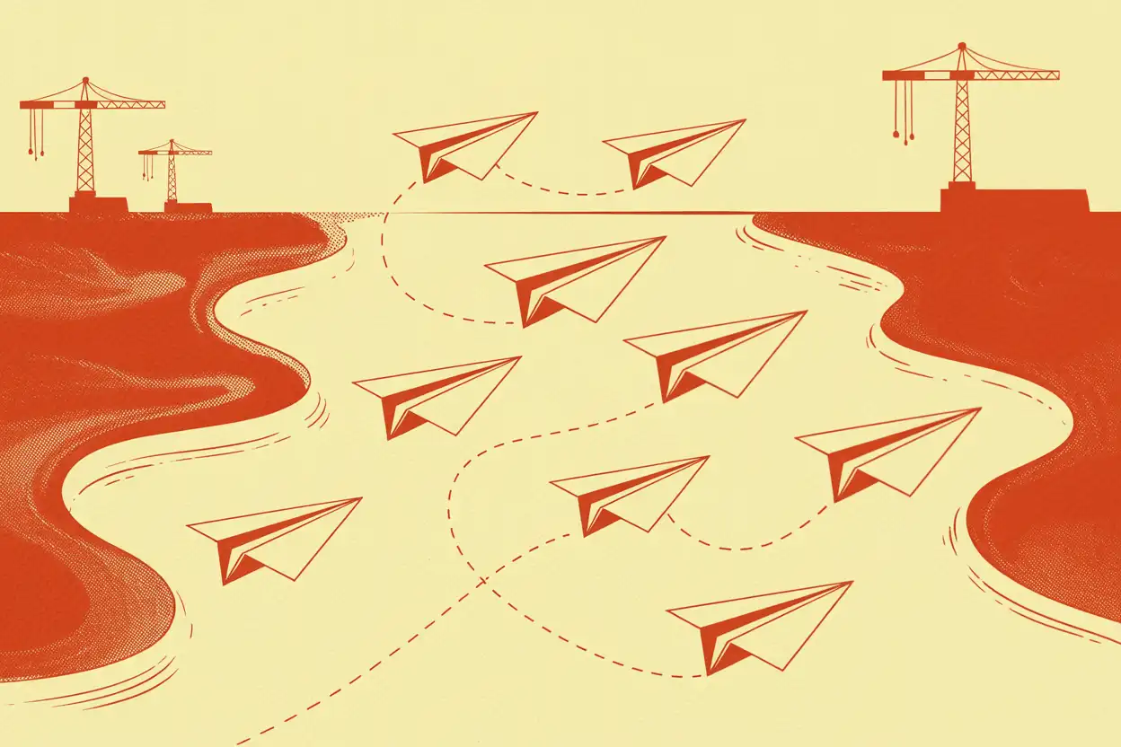 Risograph illustration of paper airplanes made of web pages crossing an ocean between two shores