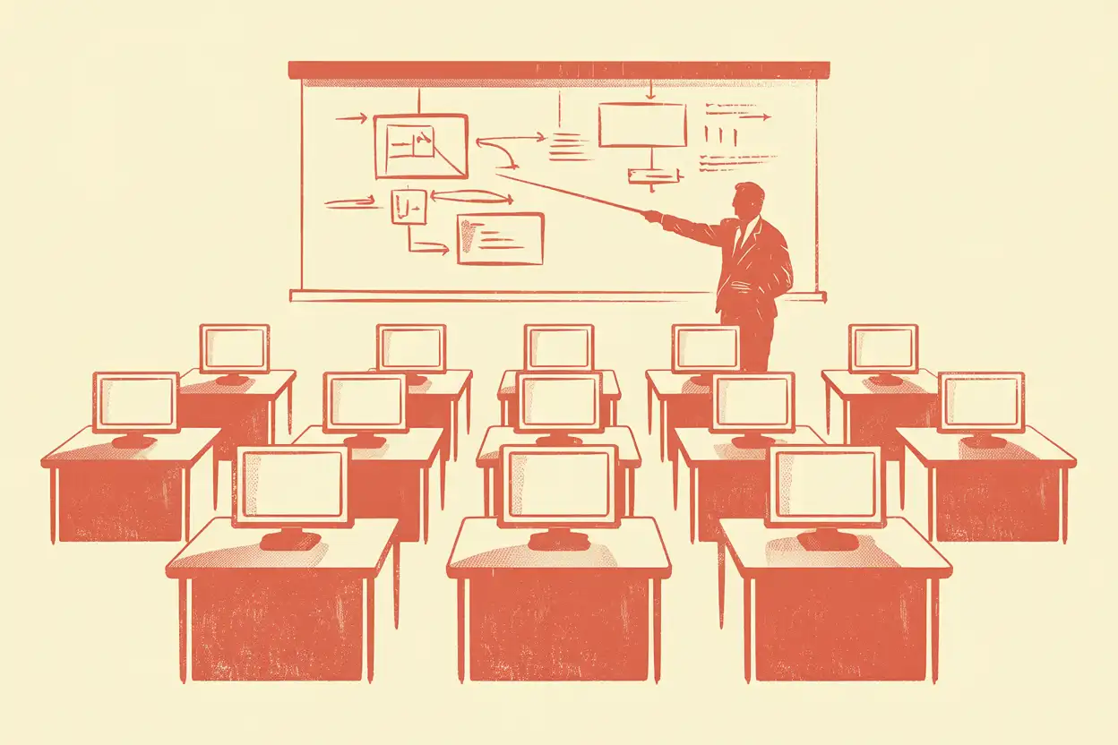 Risograph illustration of a training room with rows of screens facing a diagram wall