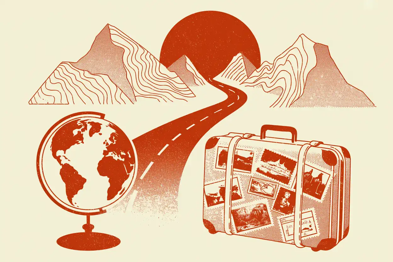 Risograph illustration of a globe, a stamped suitcase and a road winding through mountains toward the sun