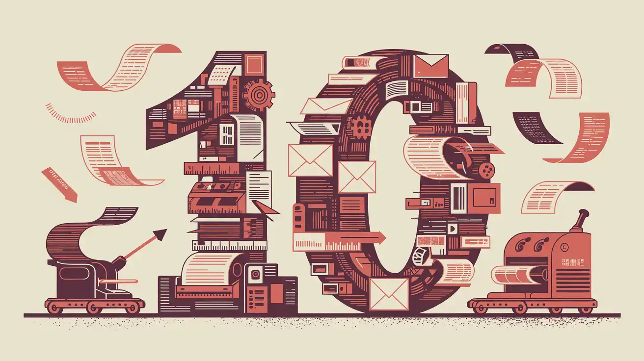 Risograph illustration of a giant number 10 assembled from printed matter and machines