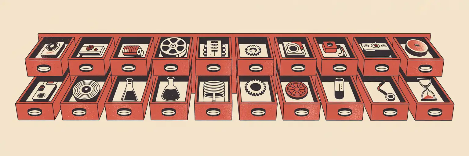 Risograph illustration of a specimen cabinet with drawers holding curious tiny machines