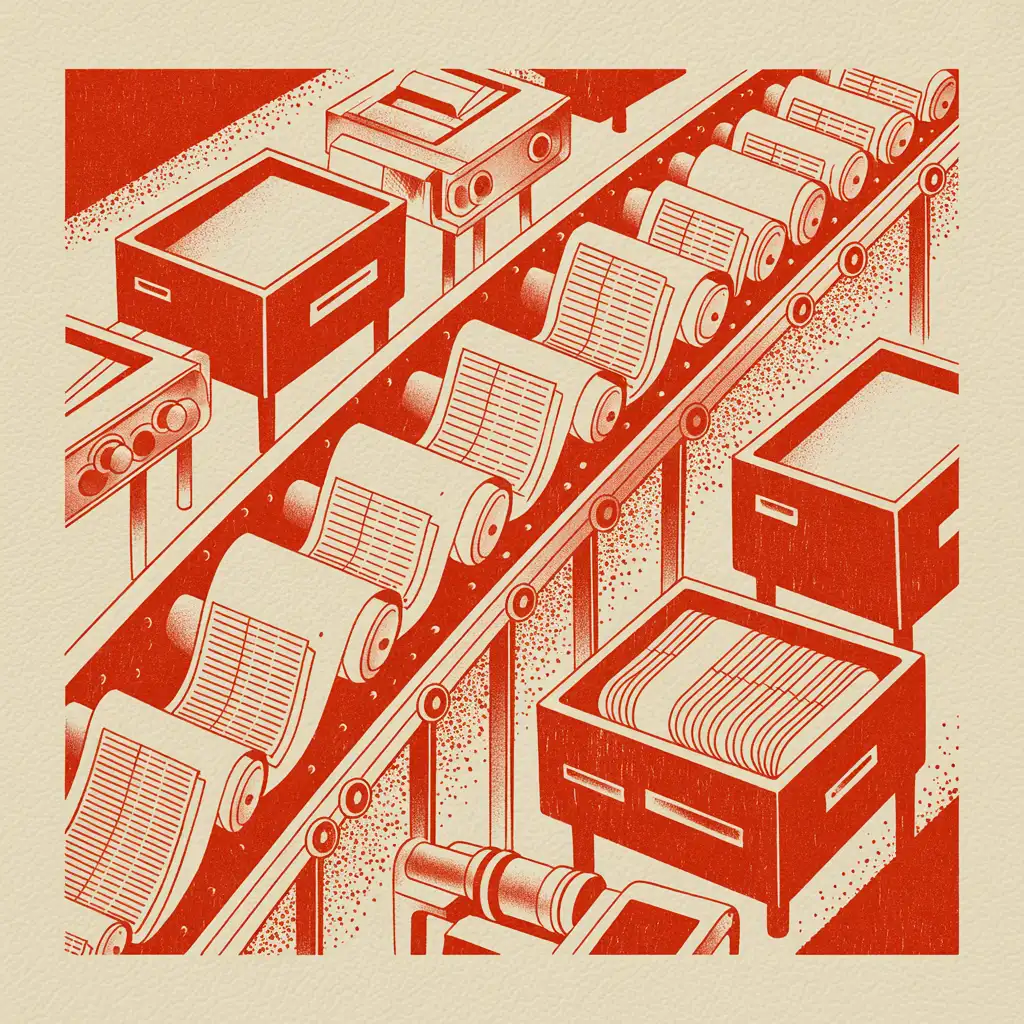 Risograph illustration of documents on a conveyor belt passing through stamping machines