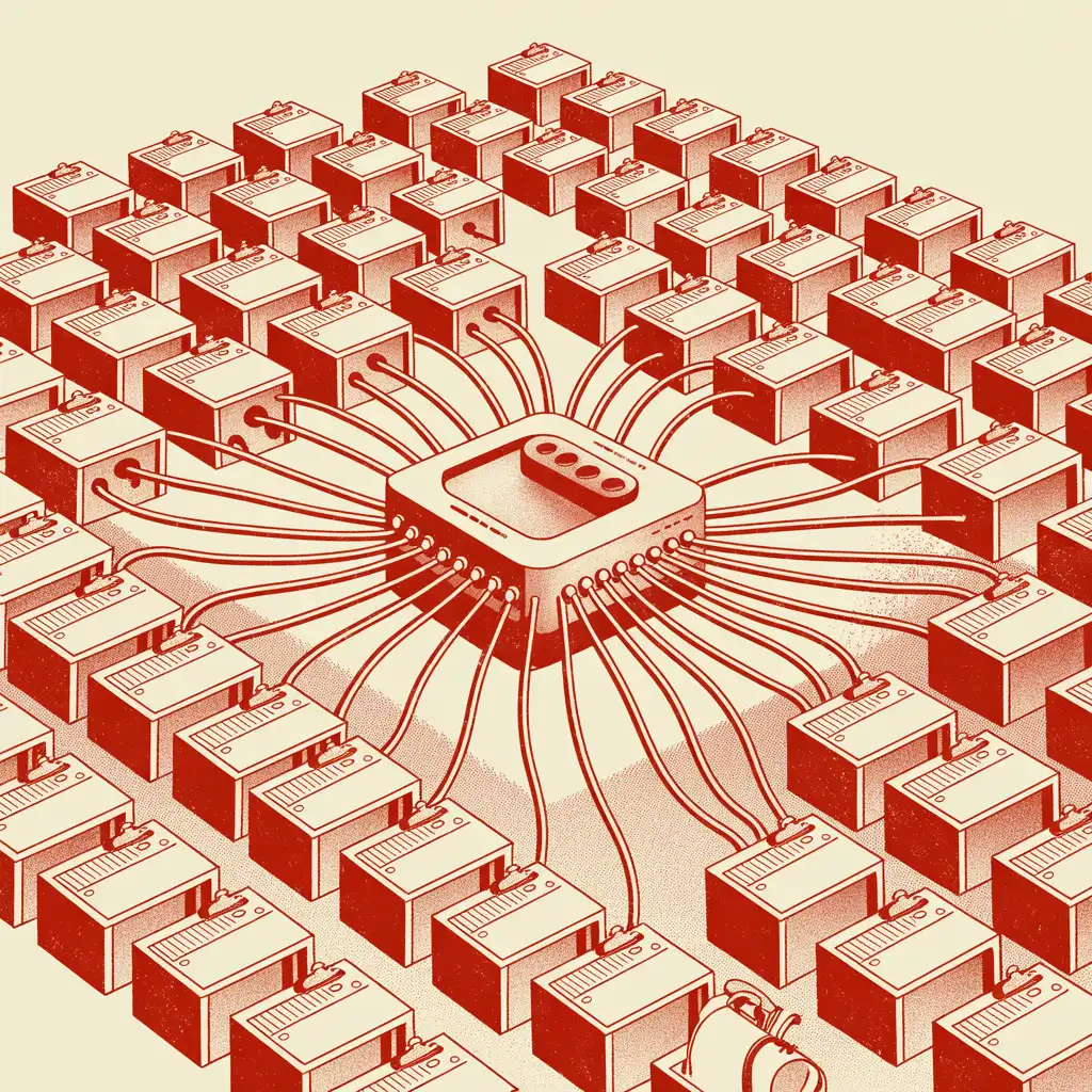Risograph illustration of a central machine orchestrating rows of tidy workstations connected by tubes