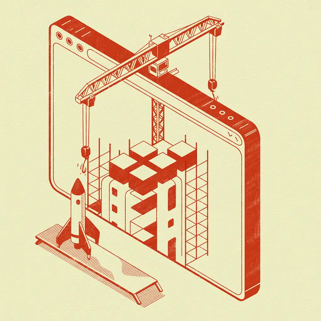 Risograph illustration of a browser window under construction, cranes lowering blocks into place