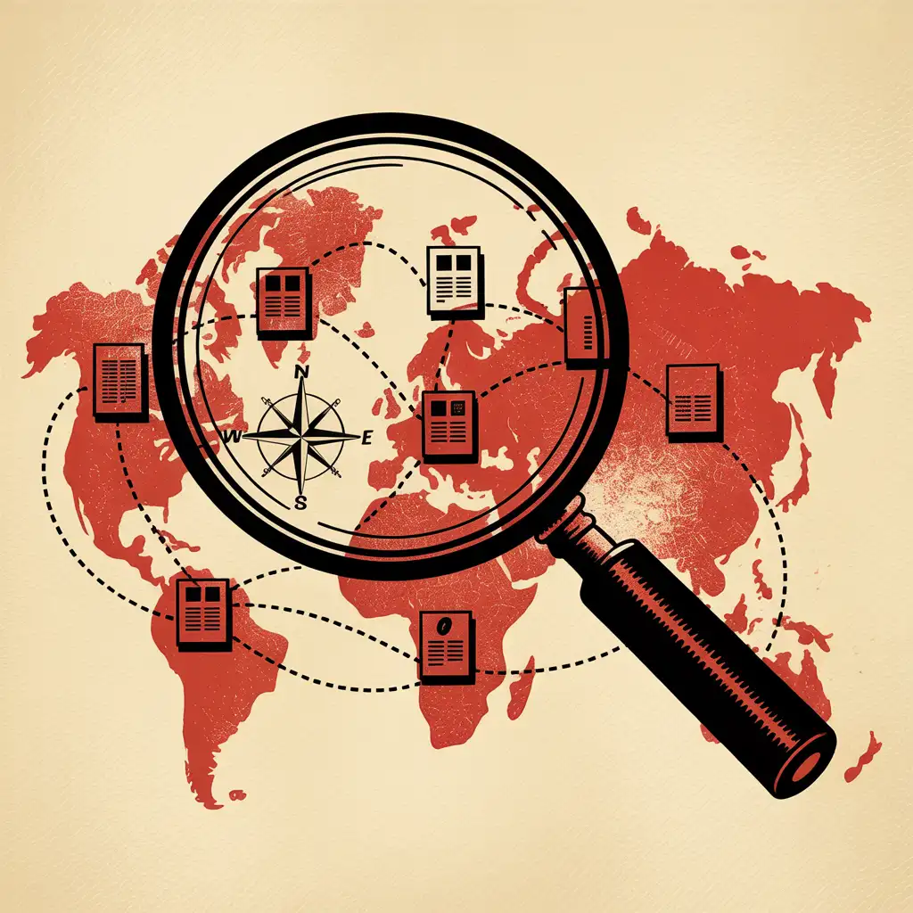 Risograph illustration of a magnifying glass over a world map of connected pages