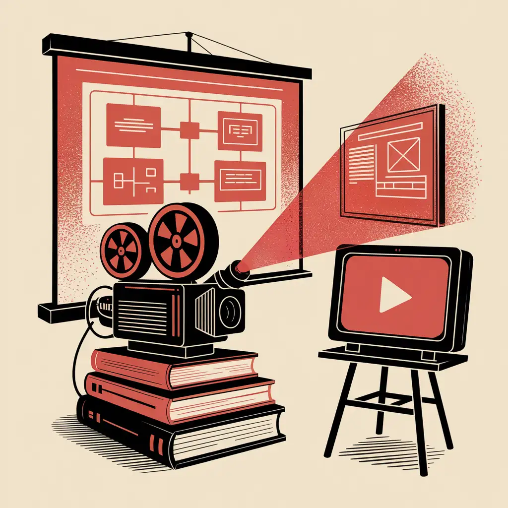 Risograph illustration of a film projector beaming diagrams onto a screen beside stacked books
